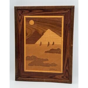 Jeff Nelson Wood Marquetry Picture Hudson River Inlay Mountains Boats Vtg 1987